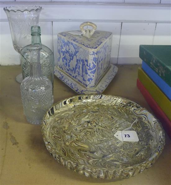 Victorian triangular cheese dish & cover, Victorian Agateware cheese dish base, glass celery vase & two bottles